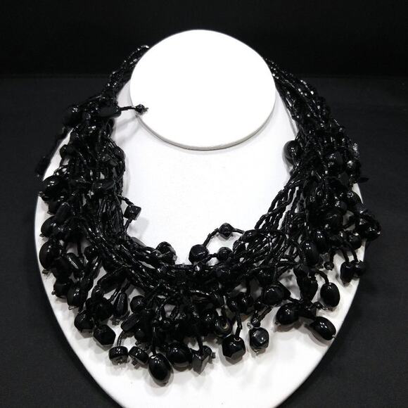 Vintage Black Glass Beaded Necklace, 12 Strands, Black Seed Beads, 21 Inches - Picture 2 of 8